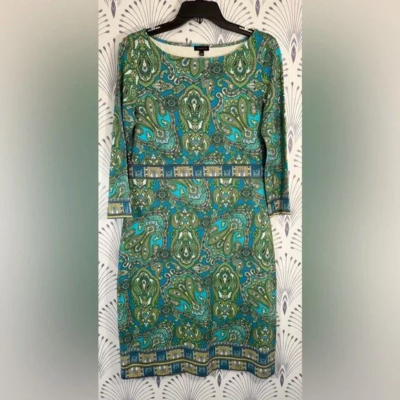 Talbots Green Sheath Dress with Cuffed 3/4 Sleeves STRETCH WOMENS SIZE 8 - Picture 1 of 9